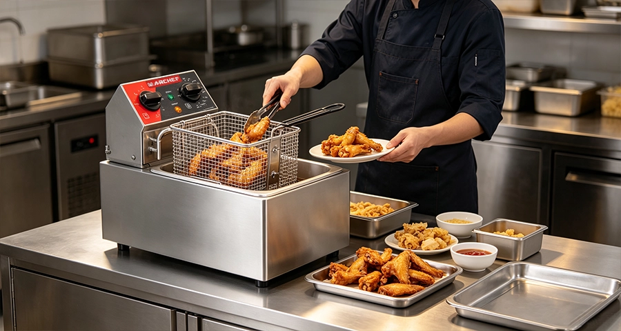 commercial deep fryer and sauce dispenser station