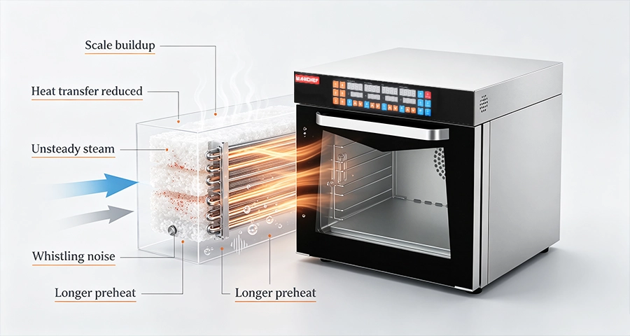 Inspecting combi oven steam generator for scale