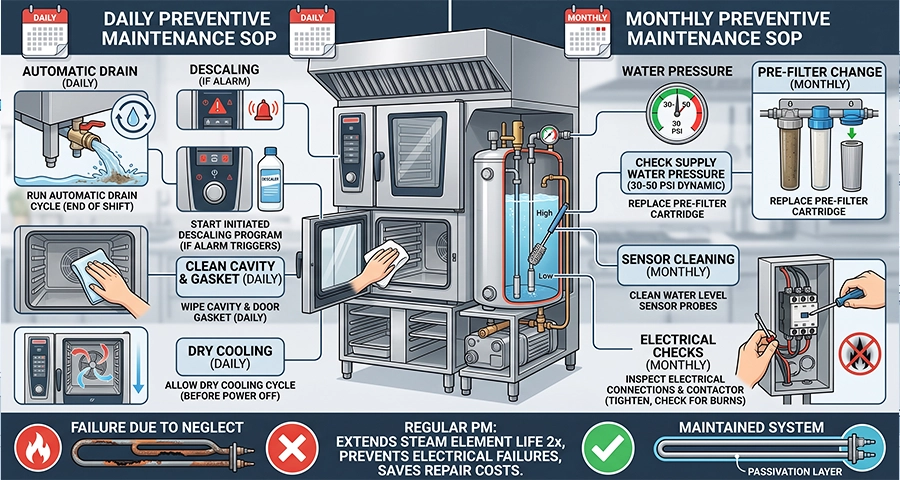 Technician performing combi oven preventative maintenance